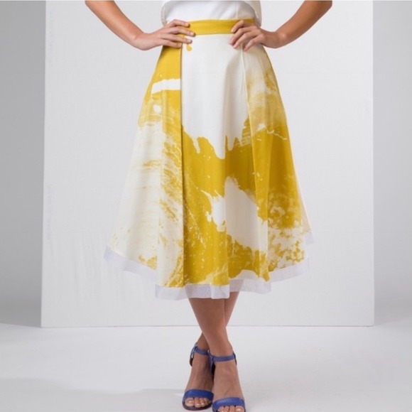 Ellender Anthropologie Painterly Mustard Yellow Abstract Pleated Midi Skirt 4 - Picture 4 of 11
